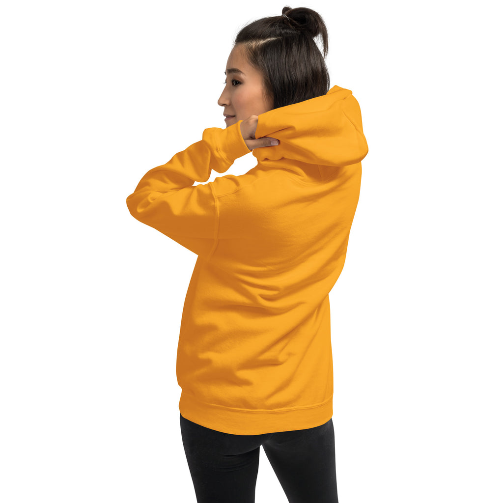 Person wearing a yellow hoodie on a white background