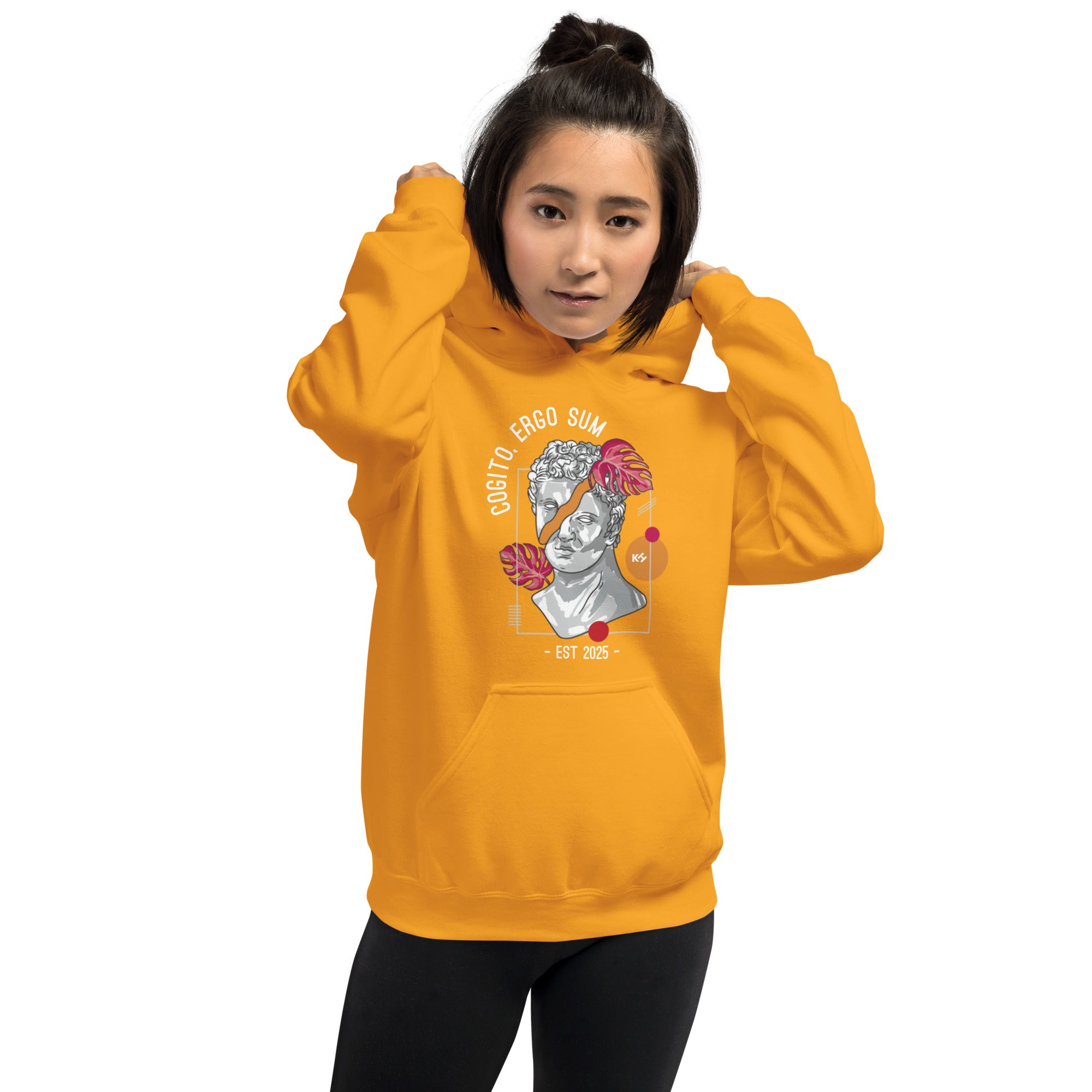 Person wearing a yellow hoodie with a graphic design on a white background
