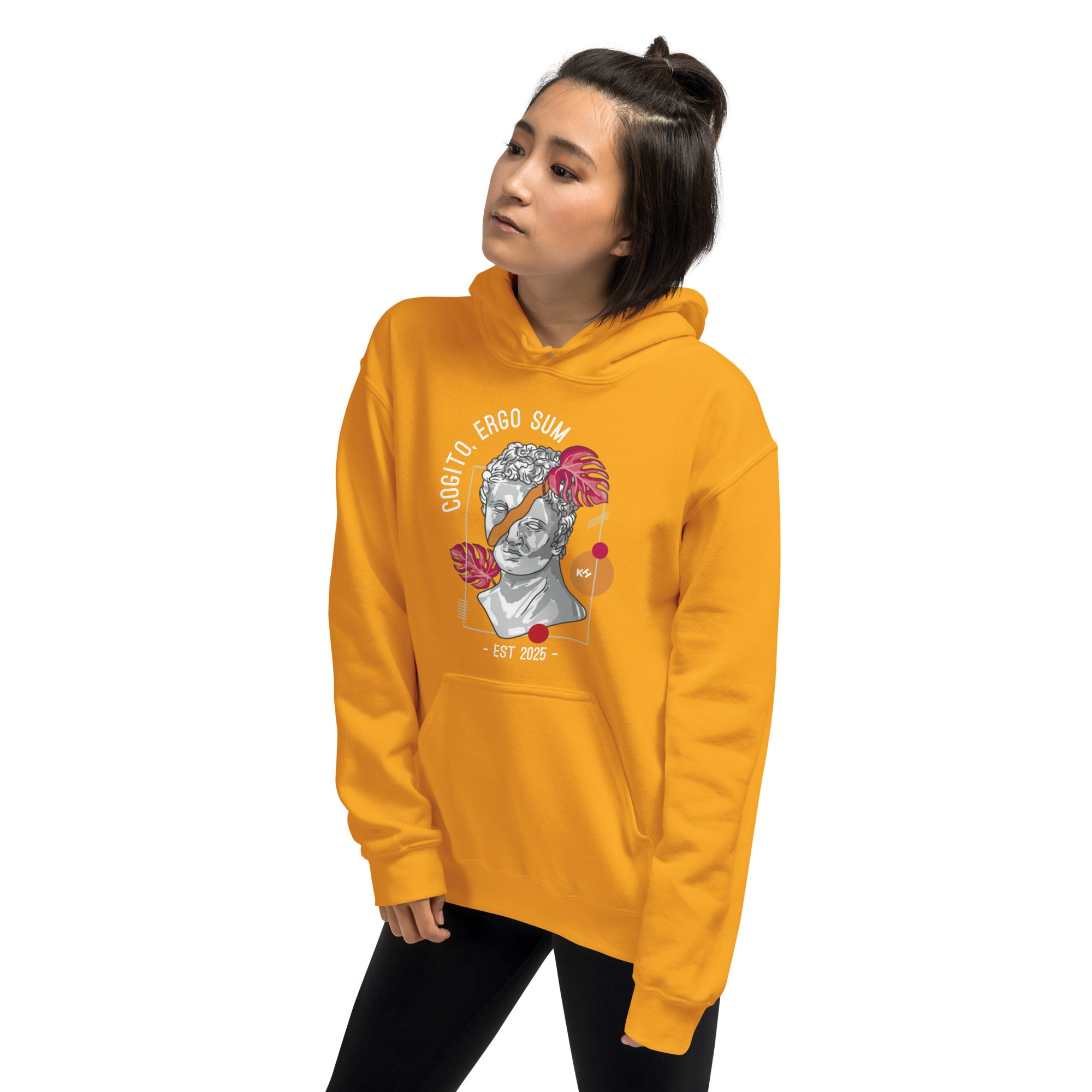 Person wearing a yellow hoodie with a graphic design on a white background
